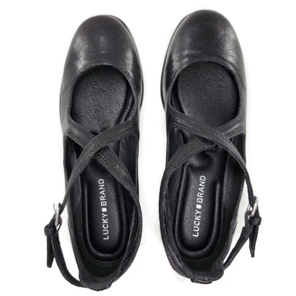 Lucky Brand Necia Black Leather Criss-Cross Mary-Jane Straps Round-Toe Flats - Picture 2 of 12